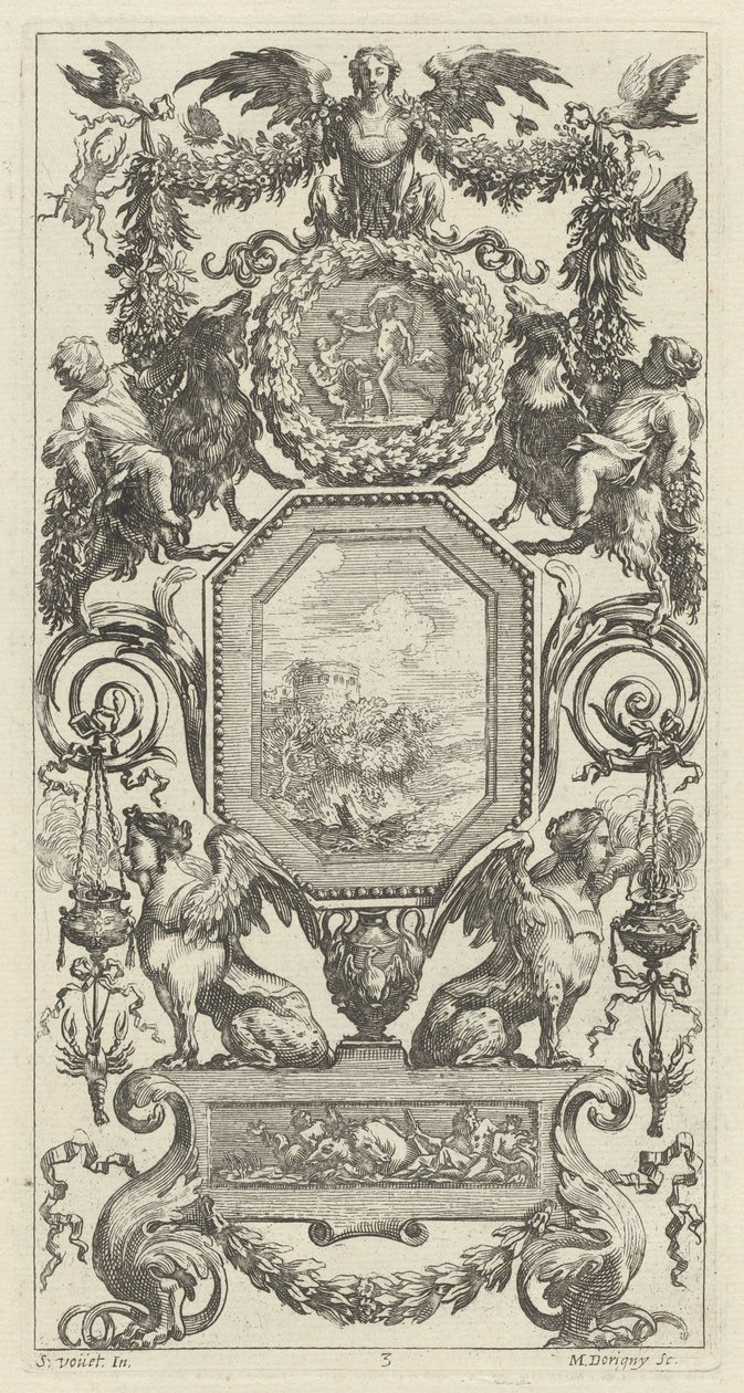 Ozdobny panel zwieńczony skrzydlatą harpią autorstwa Michel Dorigny, after Simon Vouet