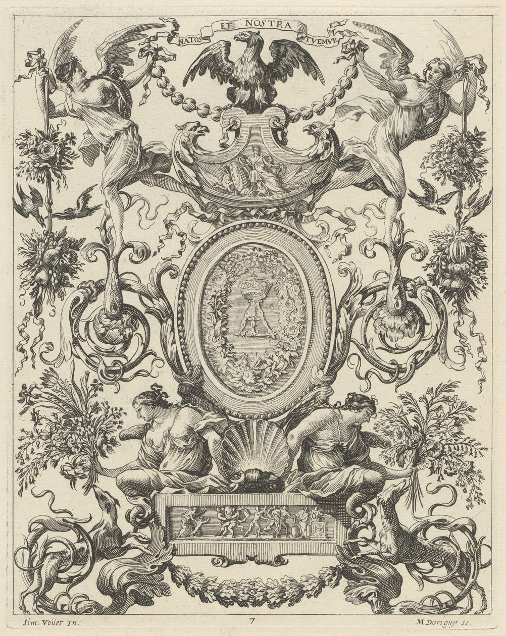 Panel ozdobny z orłem i dewizą NATOS ET NOSTRA TUEMUR autorstwa Michel Dorigny, after Simon Vouet