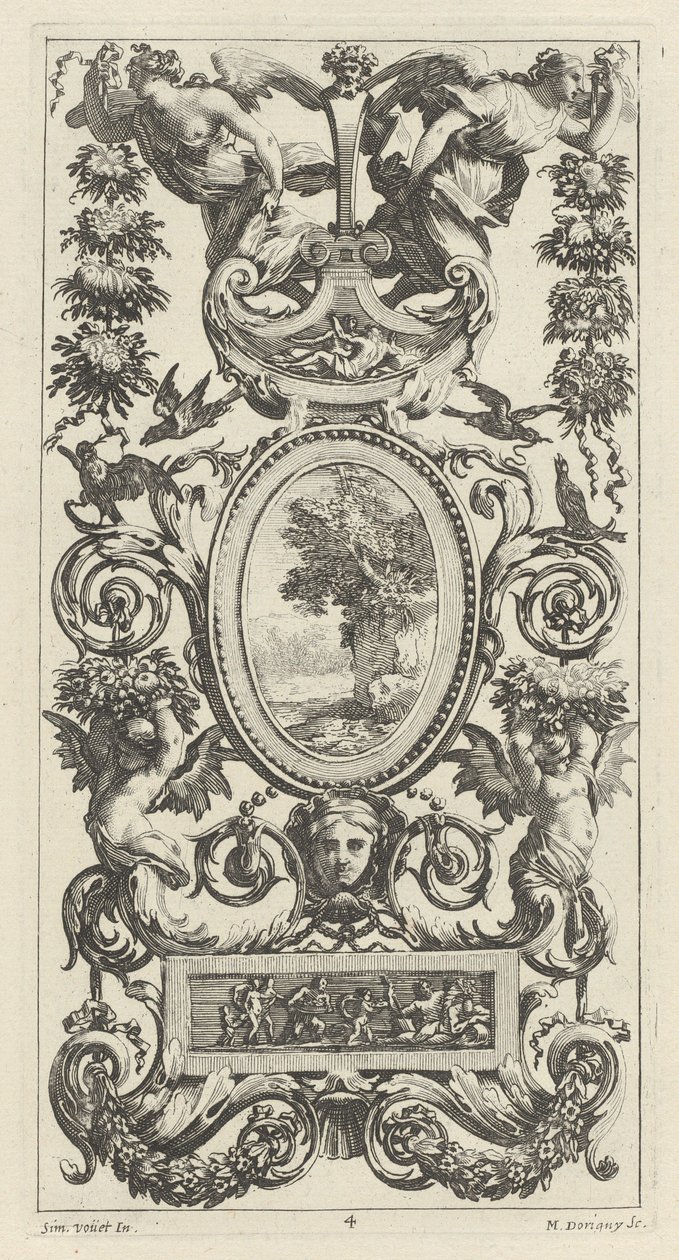 Ozdobny panel z patelnią i dwiema girlandami kobiet autorstwa Michel Dorigny, after Simon Vouet