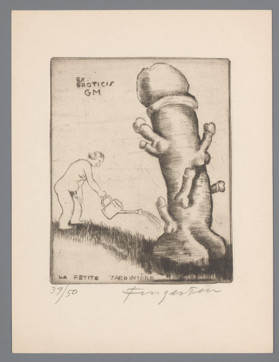 Ekslibris van Gianni Mantero Ex erotyka GM (tytuł na obiekcie) La petite jardinière (tytuł na obiekcie) autorstwa Michel Fingesten (signed by artist)