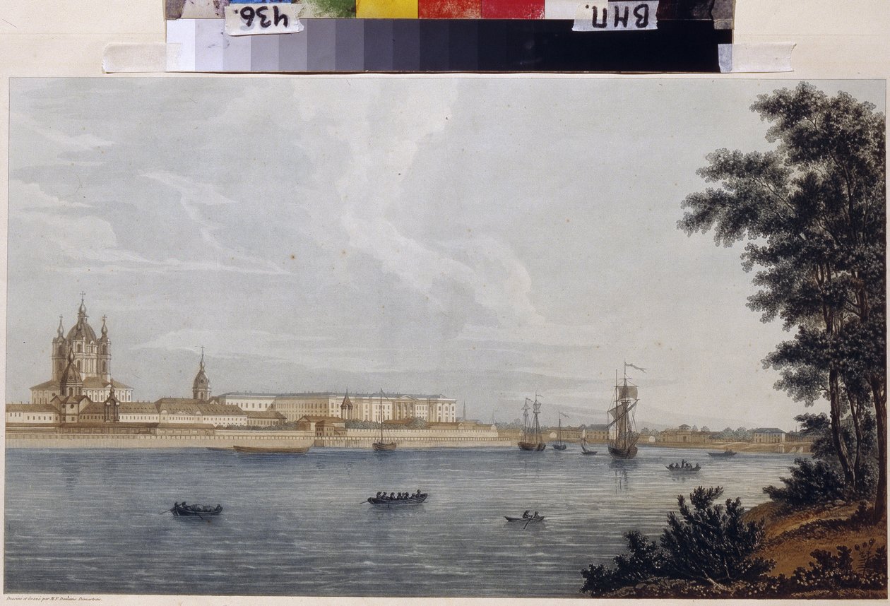 Klasztor Smolny w Sankt Petersburgu. Praca Michela Francois Damama-Demartrait (Damam Demartrait) (1763-1827), grawerowanie i akwarela autorstwa Michel Francois Damam Demartrait