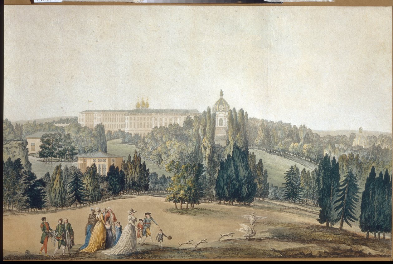 Widok na Carskie Sioło (Sankt Petersburg). Promenada cesarzowej Katarzyny II (1729-1796). (Widok na Carskie Sioło. Spacerująca cesarzowa Katarzyna II). Praca Michela Francois Damama Demartrait (1763-1827), rycina i akwarela. sztuka francuska autorstwa Michel Francois Damam Demartrait