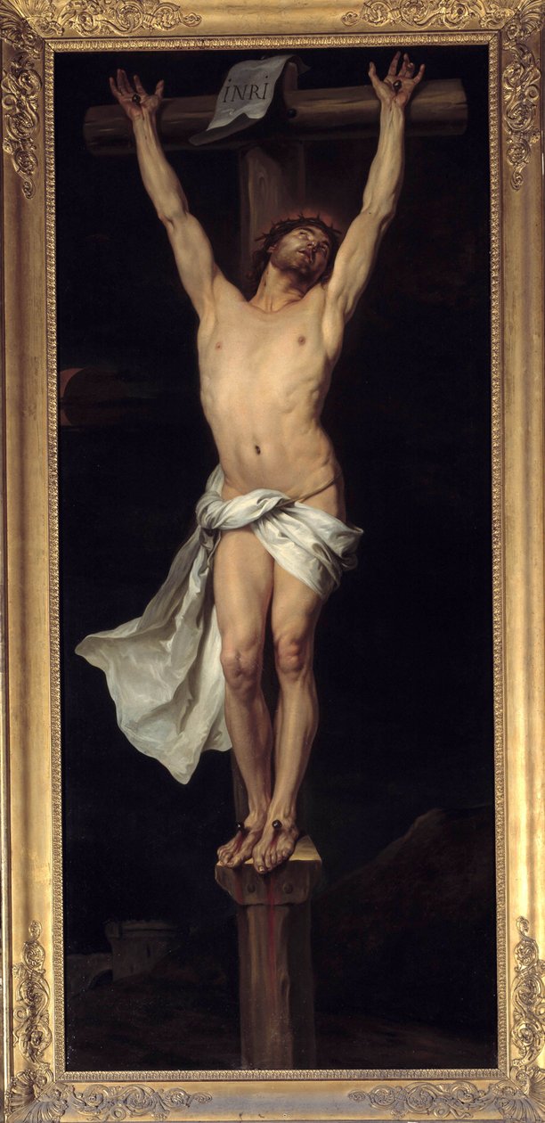 Chrystus na krzyżu. Wstaw „” INRI”” na krzyżyku. Obraz autorstwa Michela Francois Dandre Bardona (lub Dandre-Bardon 1700-1783). Kościół Ducha Świętego, Aix en Provence autorstwa Michel Francois Dandre Bardon
