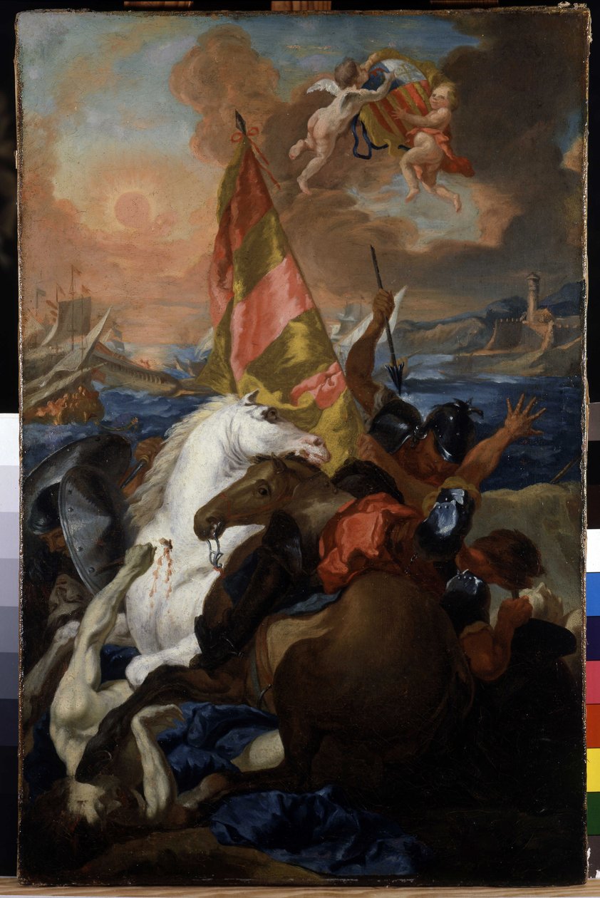 Mieszkańcy Aix ratują Marsylię przed Aragonią: Flota Alfonsa V z Aragonii (1394-1458) strzela i splądrowała Marsylię w 1423 roku. Obraz Michel Francois Dandré Bardon (1700-1783). 18 wiek. Olej na płótnie, 66 x 43 cm. Muzeum Granetu, autorstwa Michel Francois Dandre Bardon