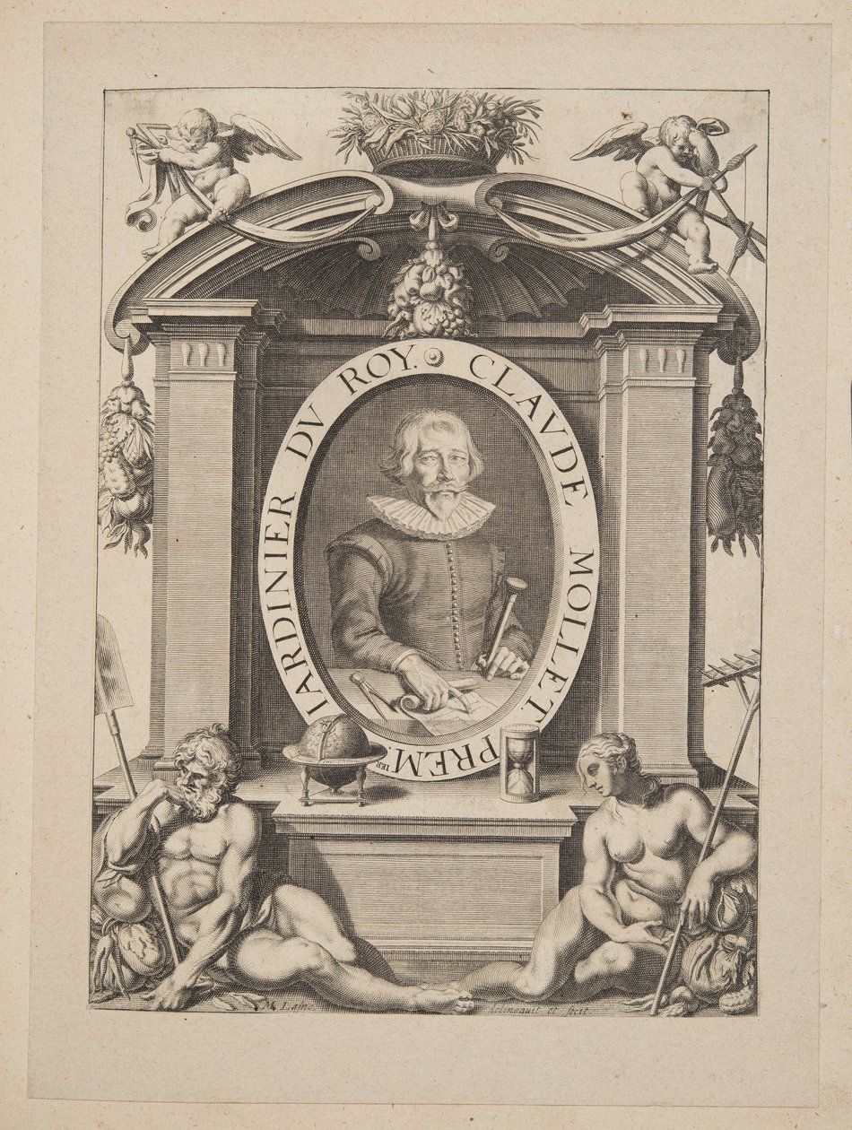 Claude Mollet, pierwszy ogrodnik królewski, z Theatre des Plans et Jardinages, wyd. 1652 (rycina) autorstwa Michel Lasne