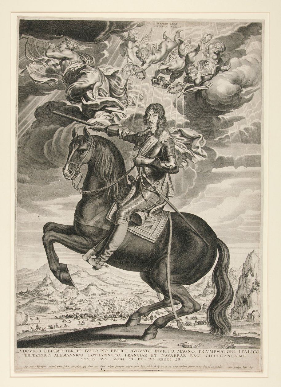 Portret jeździecki Ludwika XIII (Bourbon) (1601-1603) w wieku 33 lat. Krajobraz według Callota autorstwa Michel Lasne