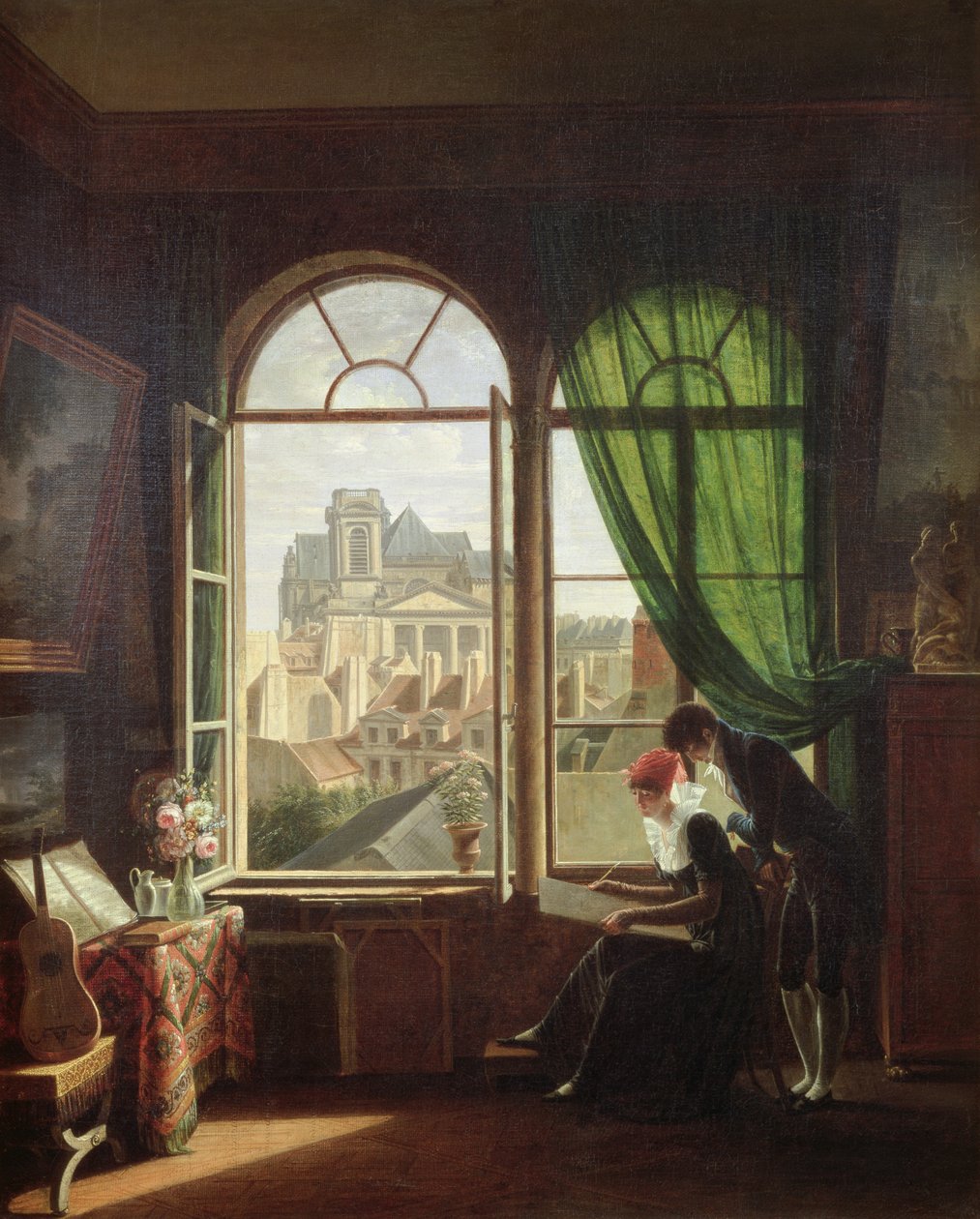 Widok kościoła Saint-Eustache z domu przy Rue Platriere lub, Wnętrze Artysty, ok. 1810 autorstwa Michel Martin Drolling