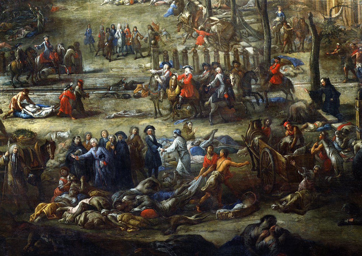 Widok na Cours Belsunce, Marsylia, w czasie zarazy 1720 r., fragment przedstawiający kardynała Belsunce z grupą zwłok ofiar zarazy autorstwa Michel Serre