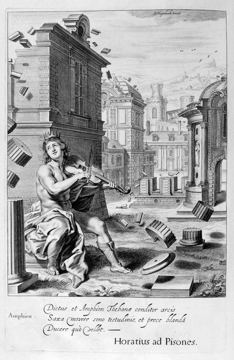 Amphion buduje mury Teb muzyką swoich skrzypiec, 1655 autorstwa Michel de Marolles
