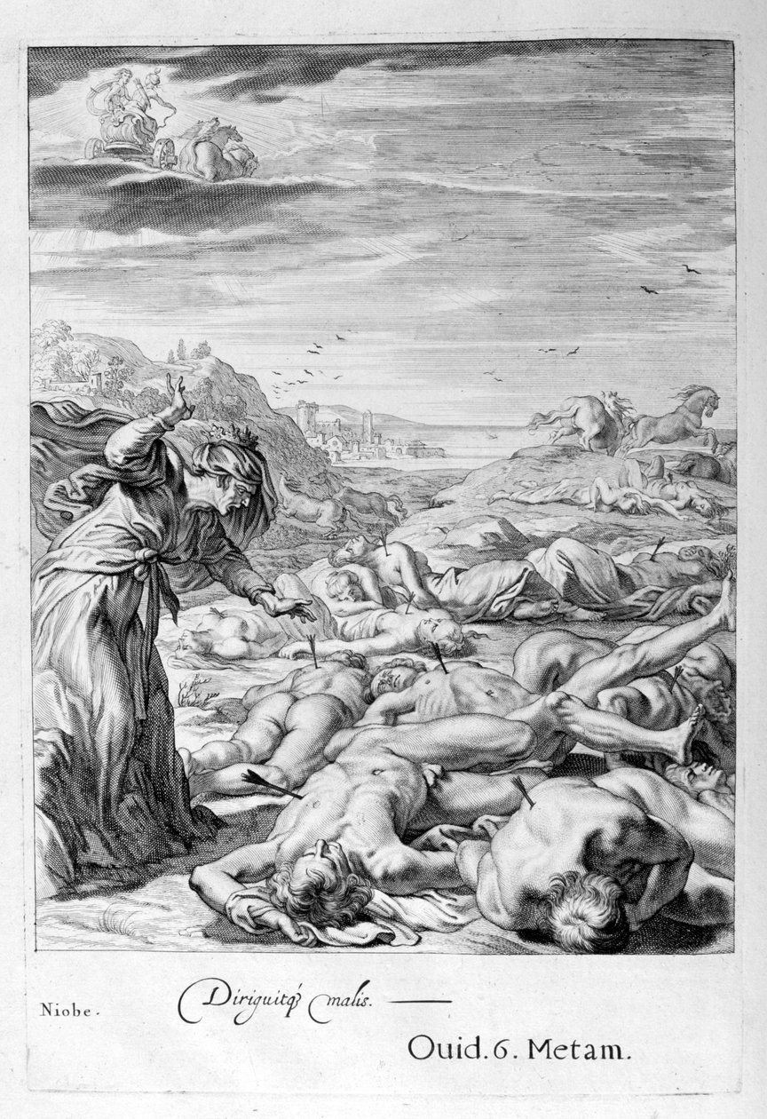 Apollo i Diana zabijają dzieci Niobe swoimi strzałami: zostaje zamieniona w kamień, 1655 autorstwa Michel de Marolles