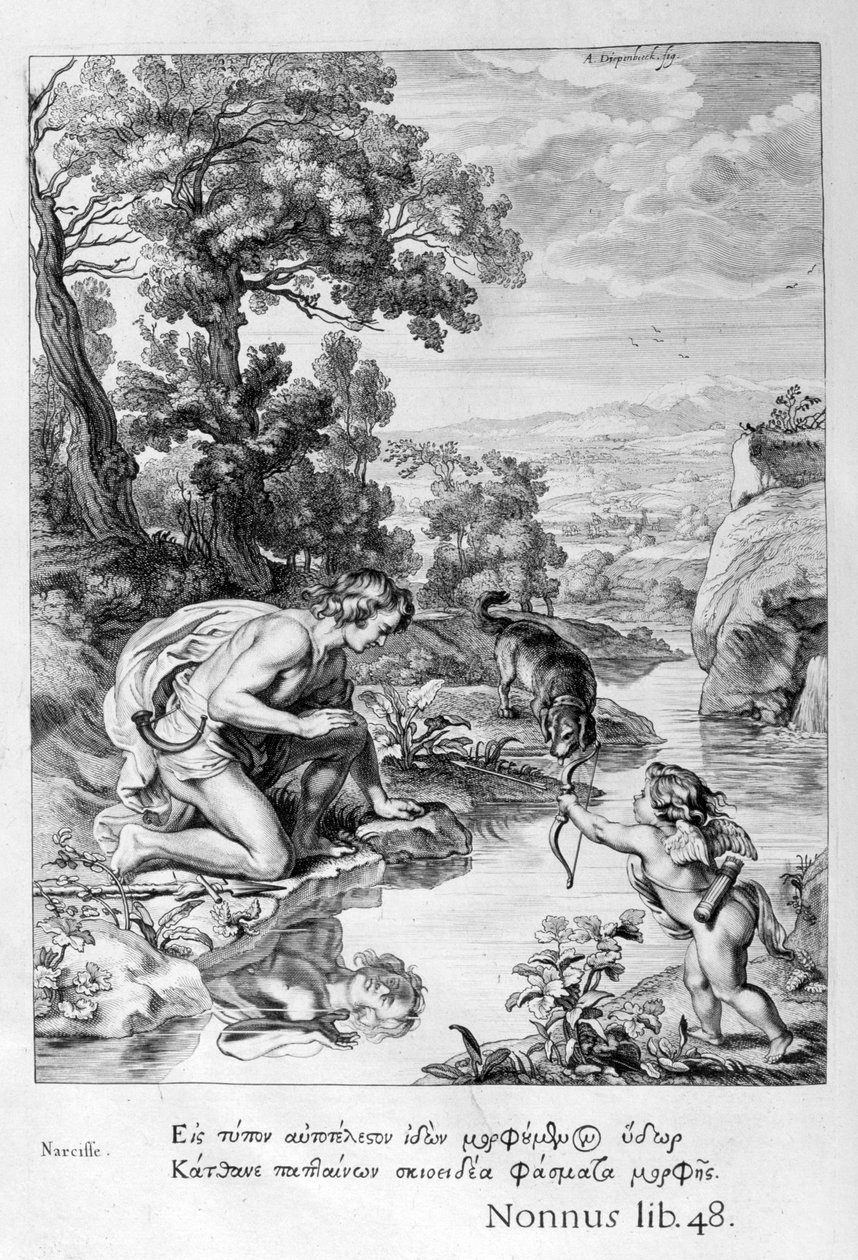 Narcyz zakochany we własnym odbiciu, 1655 autorstwa Michel de Marolles