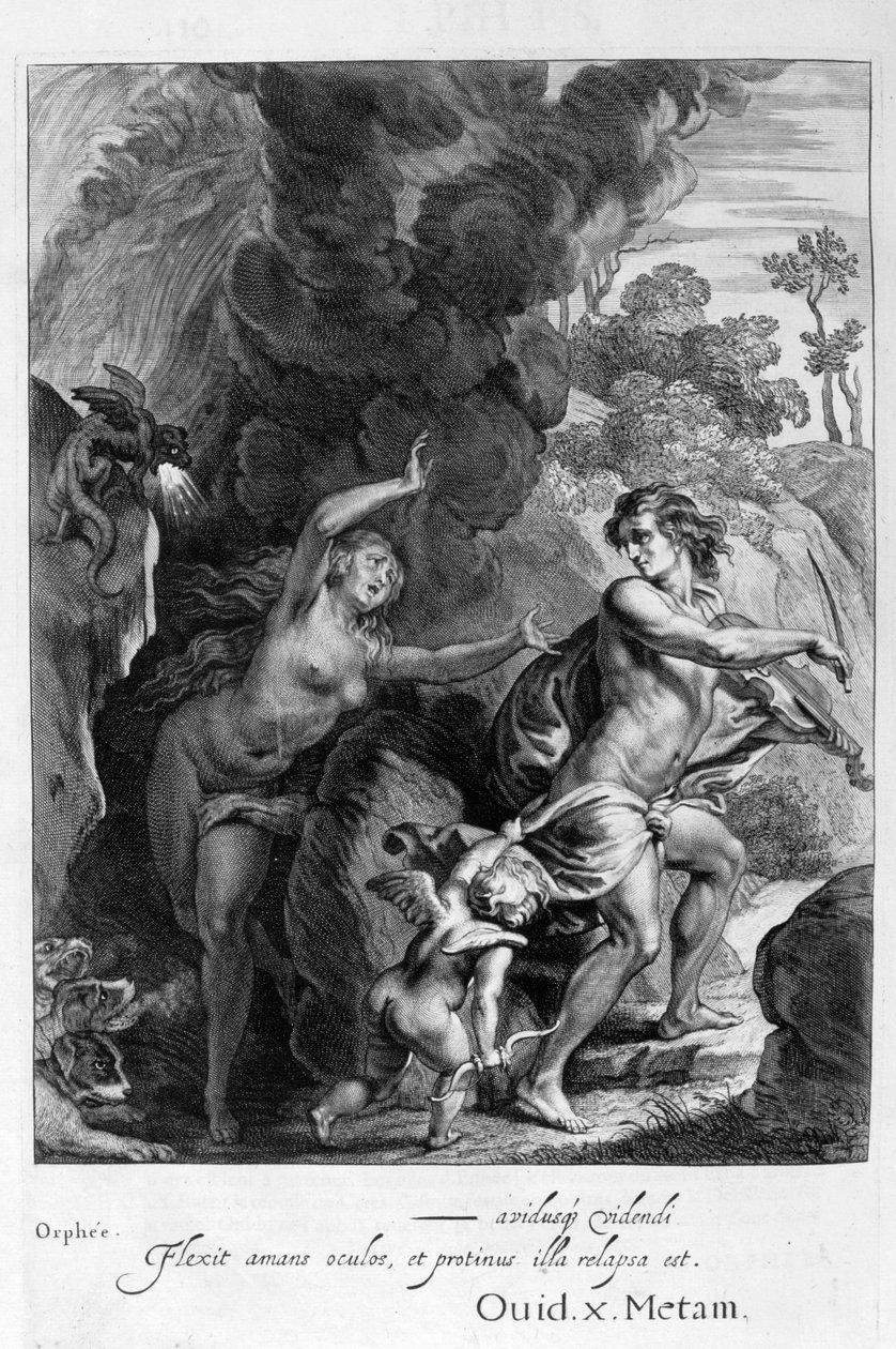 Orfeusz, wyprowadzający Eurydykę z piekła, spogląda na nią i traci ją na zawsze, 1655 autorstwa Michel de Marolles