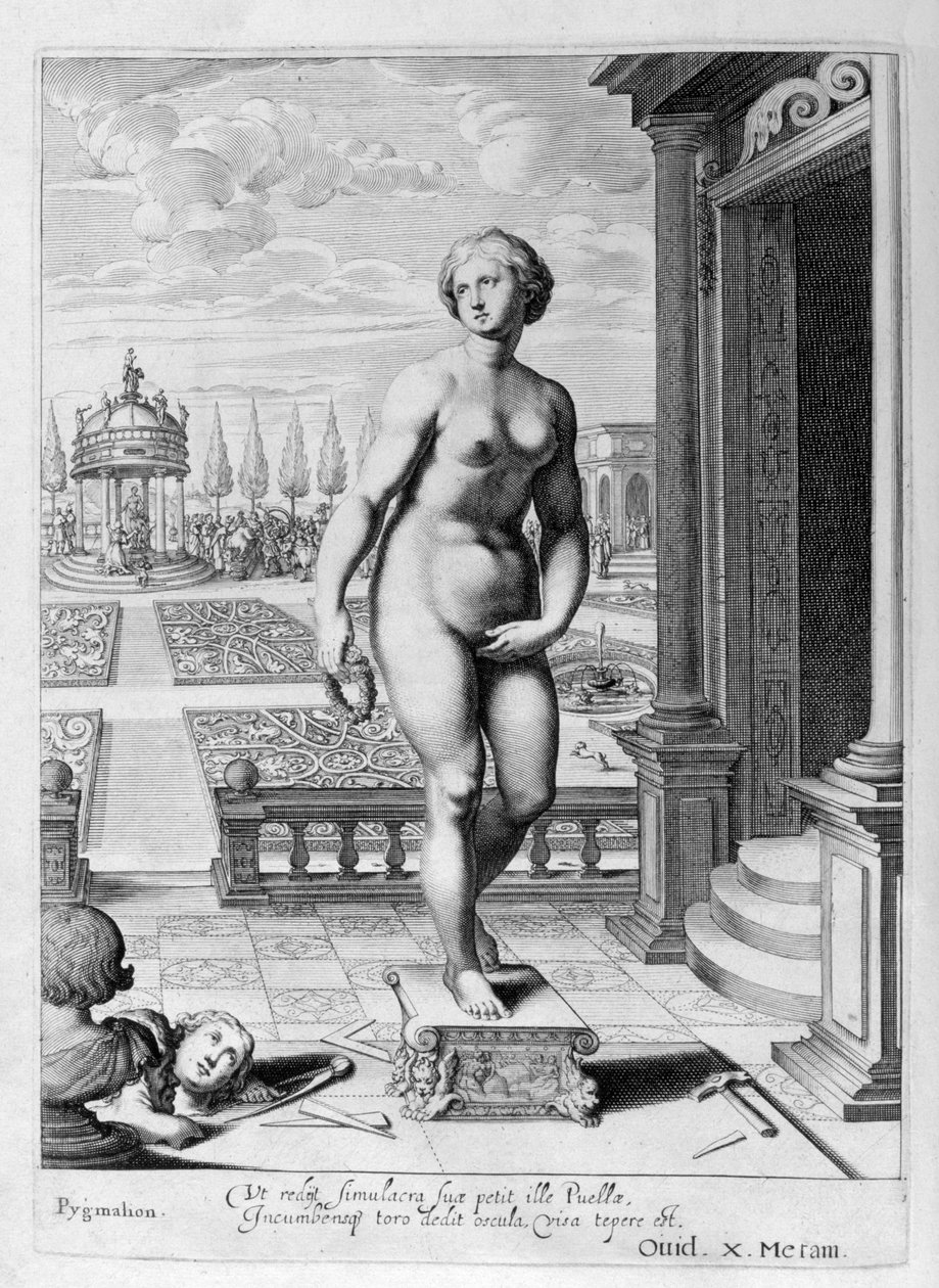 Pigmalion jest zakochany w wykonanej przez siebie rzeźbie, 1655 autorstwa Michel de Marolles
