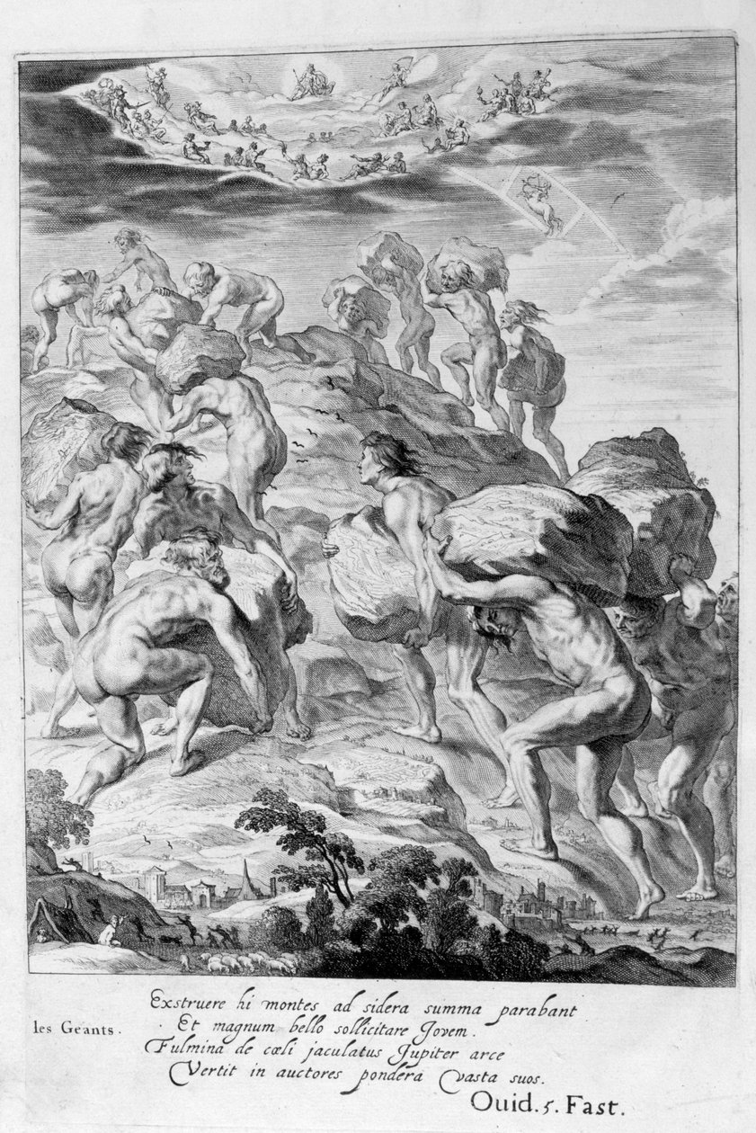 Giganci próbują wspiąć się na Niebo, układając góry jeden na drugim, 1655 autorstwa Michel de Marolles