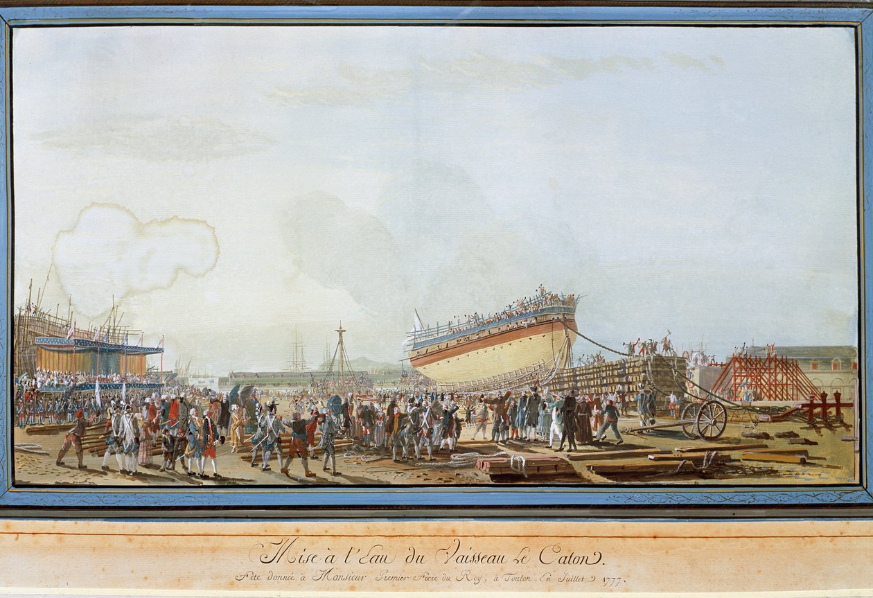 Wodowanie statku Le Caton w porcie w Tulonie w obecności hrabiego Prowansji w lipcu 1777 r. (gwasz autorstwa Michel de Toulon