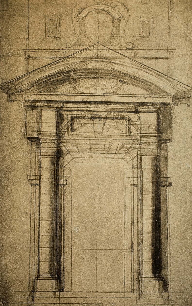 Szkic architektoniczny drzwi zwieńczonych herbem; rysunek Michała Anioła. Casa Buonarroti, Florencja autorstwa Michelangelo Buonarroti