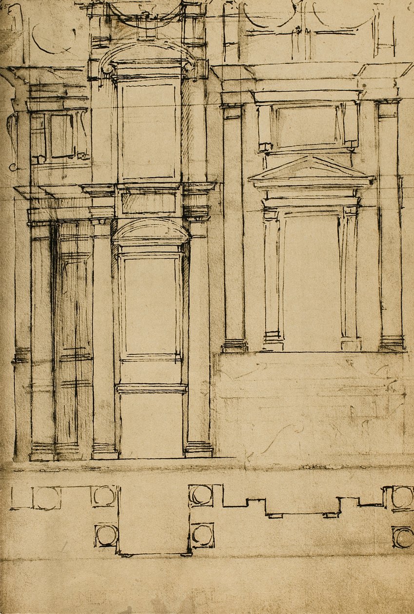 Studium architektoniczne dla Kaplic Medyceuszy w bazylice San Lorenzo; rysunek Michała Anioła. Casa Buonarroti, Florencja autorstwa Michelangelo Buonarroti