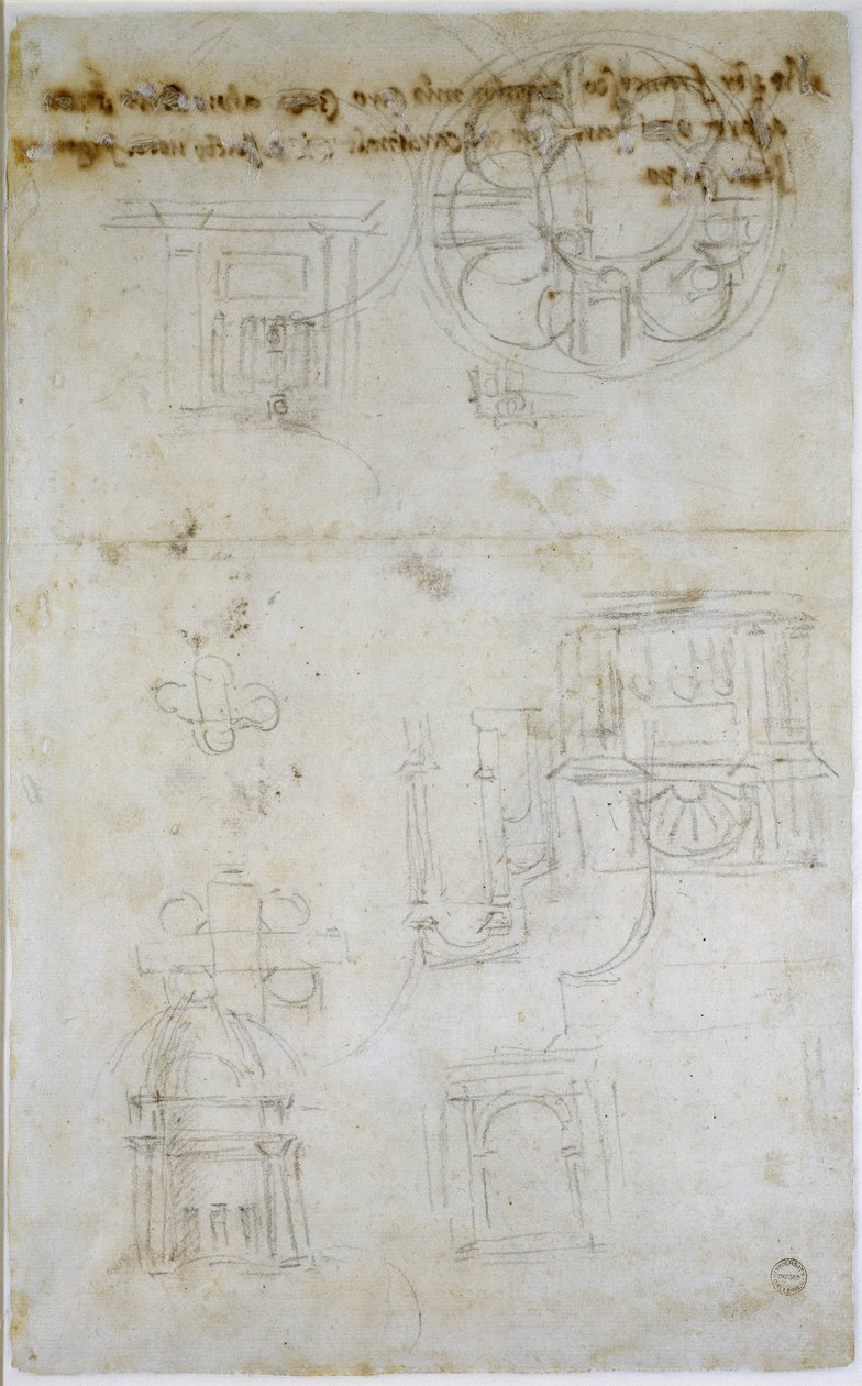 Studia architektoniczne, ok. 1560 (czarna kreda na papierze) autorstwa Michelangelo Buonarroti