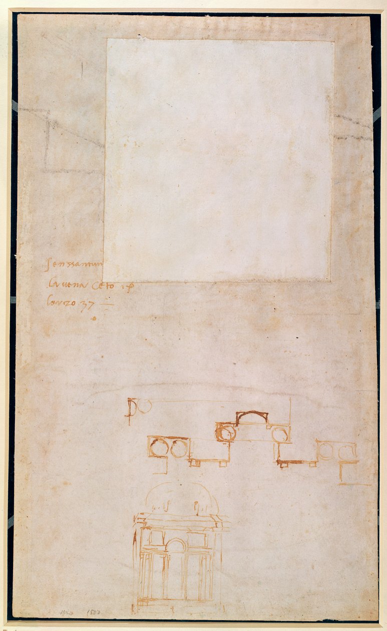 Studium architektoniczne z notatkami (brązowy długopis na papierze) (recto) autorstwa Michelangelo Buonarroti