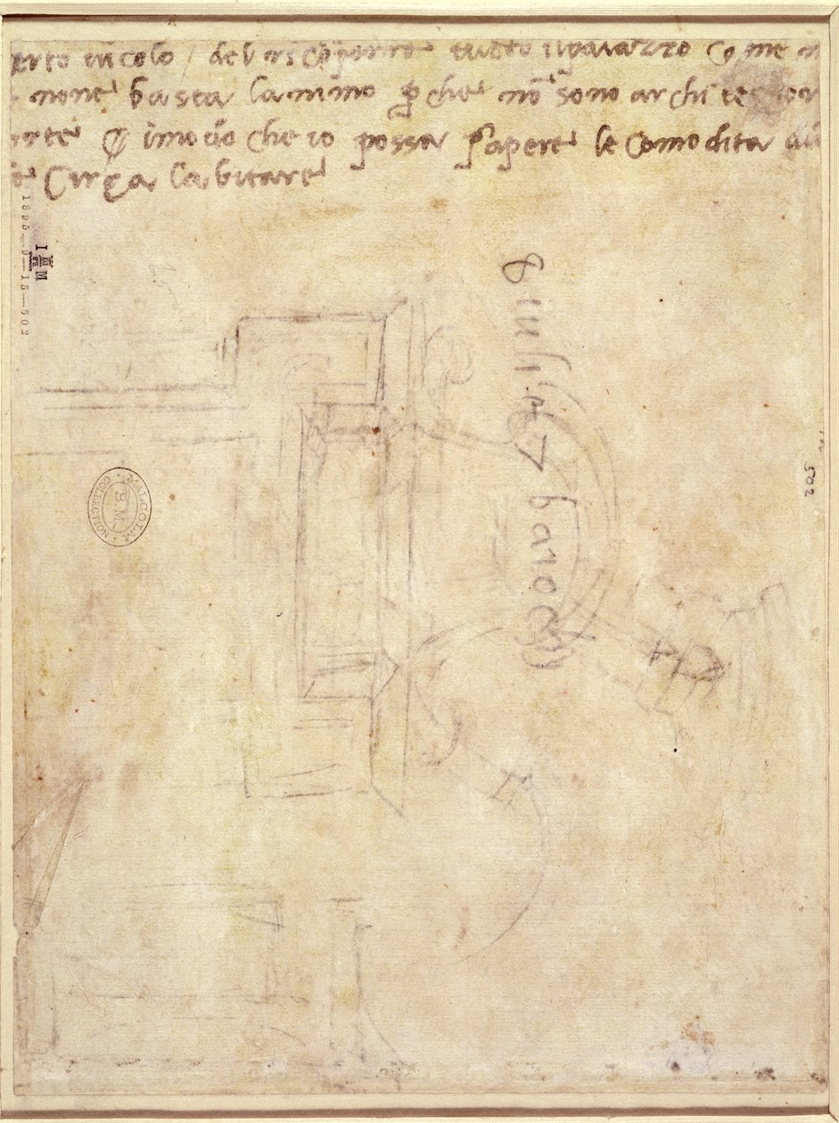 Studium architektoniczne z notatkami (pióro i ołówek na papierze) (verso) (odbyt. patrz 191771) autorstwa Michelangelo Buonarroti