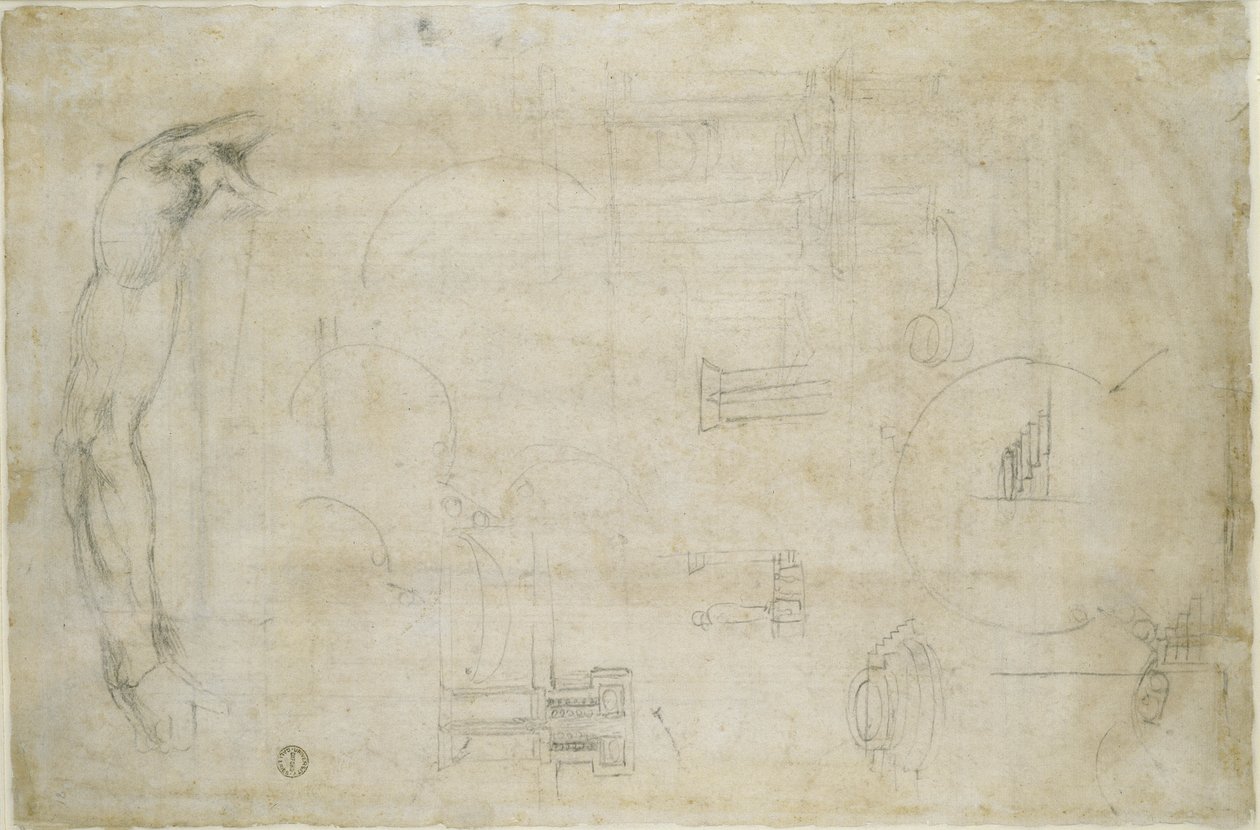 Studia architektoniczne i Ręka mężczyzny, ok. 1538-50 (czarna kreda na papierze) autorstwa Michelangelo Buonarroti