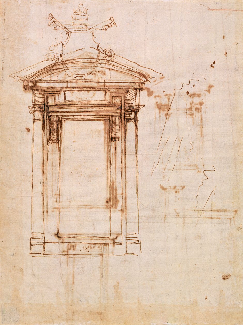 Studium architektoniczne (brązowy tusz na papierze z brązowym washem) (recto) autorstwa Michelangelo Buonarroti