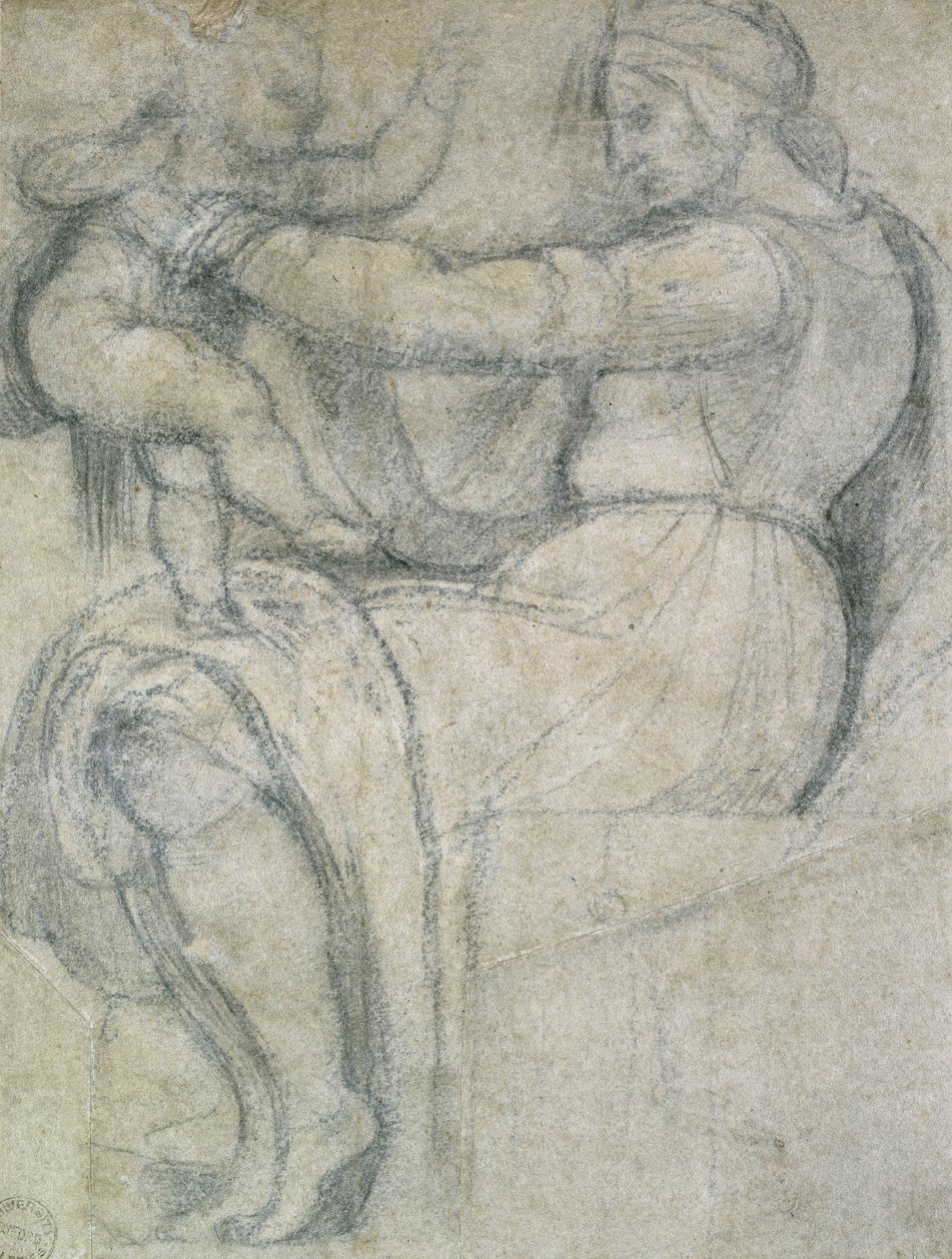 Detal z sufitu Sykstyńskiego (czarna kreda z akcentami białej kredy na jasnożółtym papierze) autorstwa Michelangelo Buonarroti