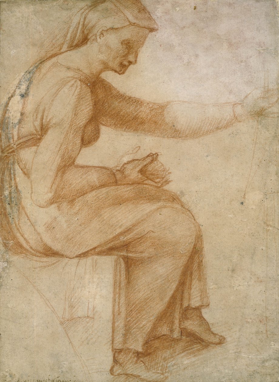 Fragment sufitu Sykstyńskiego (czerwona kreda na jasnożółtym papierze) autorstwa Michelangelo Buonarroti