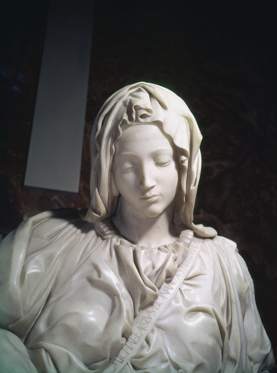 Fragment Pieta, marmur 1498-99 autorstwa Michelangelo Buonarroti