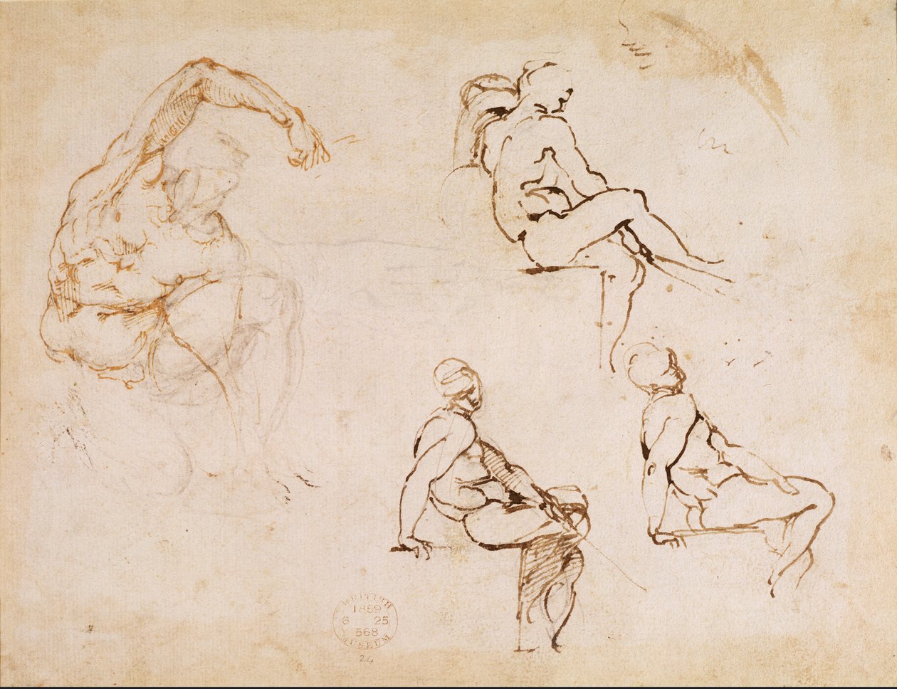 Rysunki figur (tusz na papierze) autorstwa Michelangelo Buonarroti