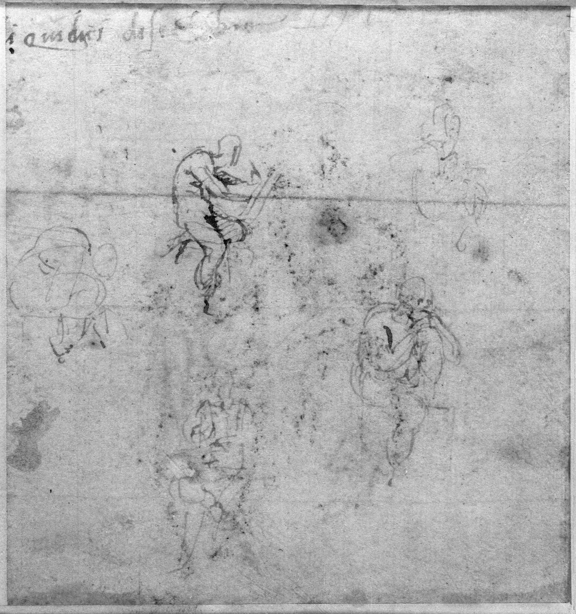 Studia figuralne do lunet sufitu Kaplicy Sykstyńskiej, ok. 1511 (długopis i czarna kreda na papierze) autorstwa Michelangelo Buonarroti