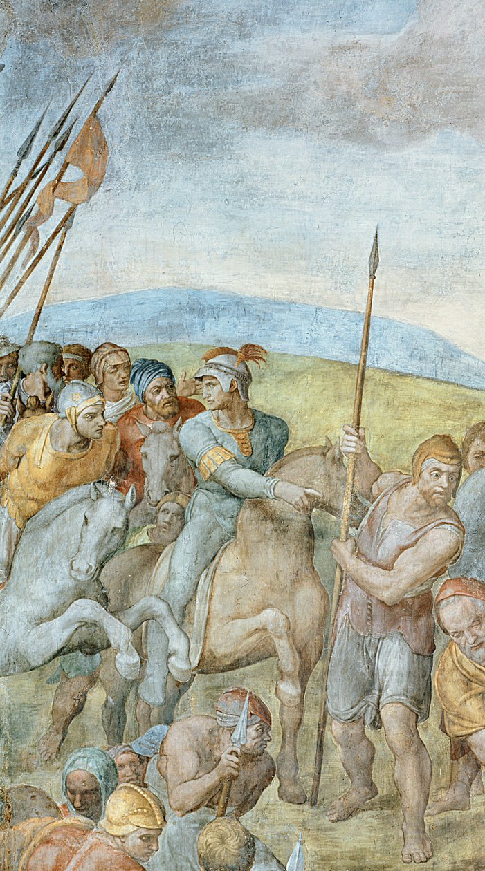 Grupa rzymskich żołnierzy z przywódcą wskazującym na św. Piotra na krzyżu, fragment Ukrzyżowania św. Piotra, 1546-50 fragment fresku PHD 625 autorstwa Michelangelo Buonarroti