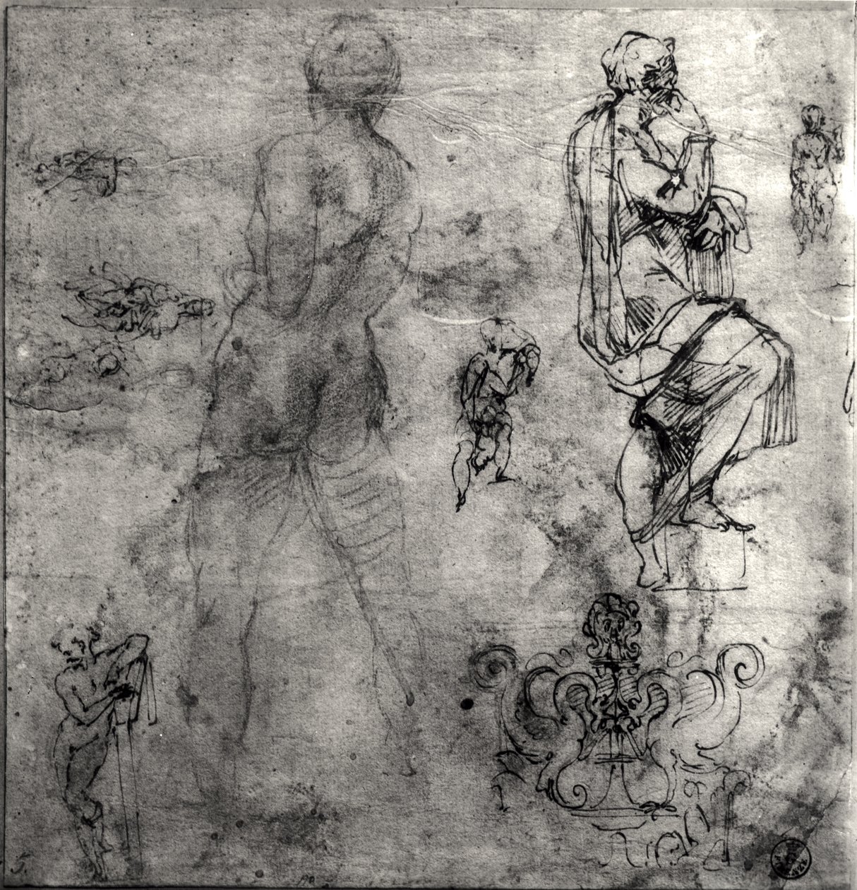Studia humanistyczne i architektoniczne (pióro i tusz i ołówek na papierze) autorstwa Michelangelo Buonarroti