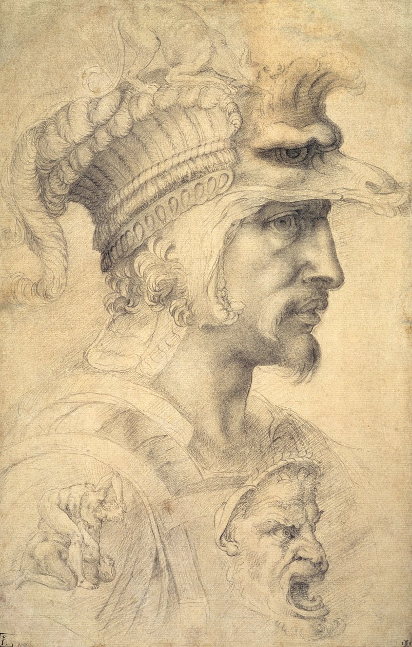 Idealna głowa wojownika (czarna kreda na papierze) autorstwa Michelangelo Buonarroti
