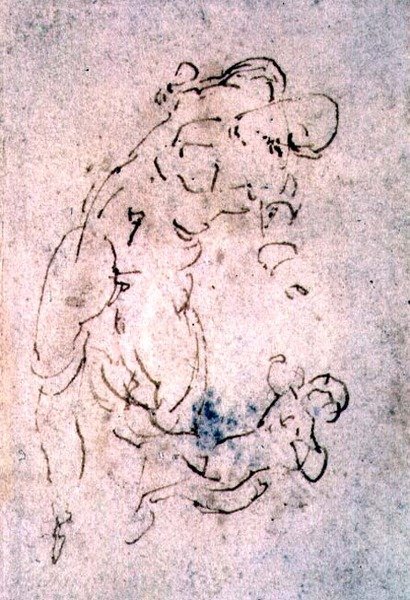 Faktura 1859 6-25-553. R. (W.56) Szkic leżącego mężczyzny i dziecka (czerwona kreda) autorstwa Michelangelo Buonarroti