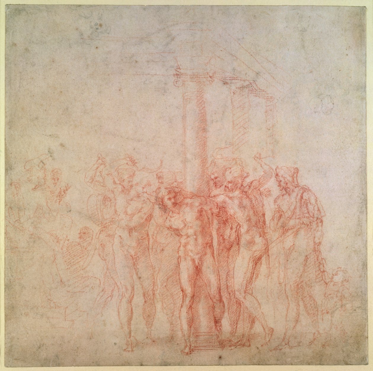 Inw. 1895 6-15-500. R. (W.15) Biczowanie Chrystusa (czerwona kreda na papierze) autorstwa Michelangelo Buonarroti
