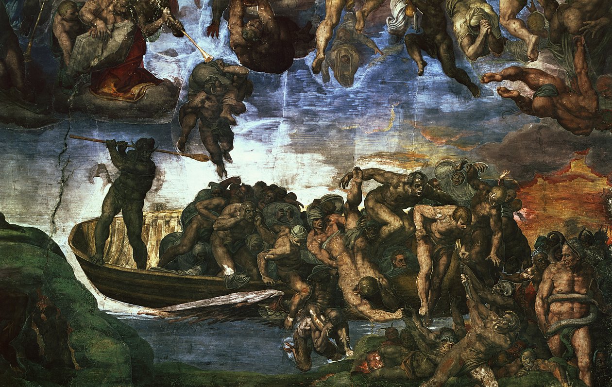 Sąd Ostateczny: szczegół w prawym dolnym rogu, Kaplica Sykstyńska autorstwa Michelangelo Buonarroti