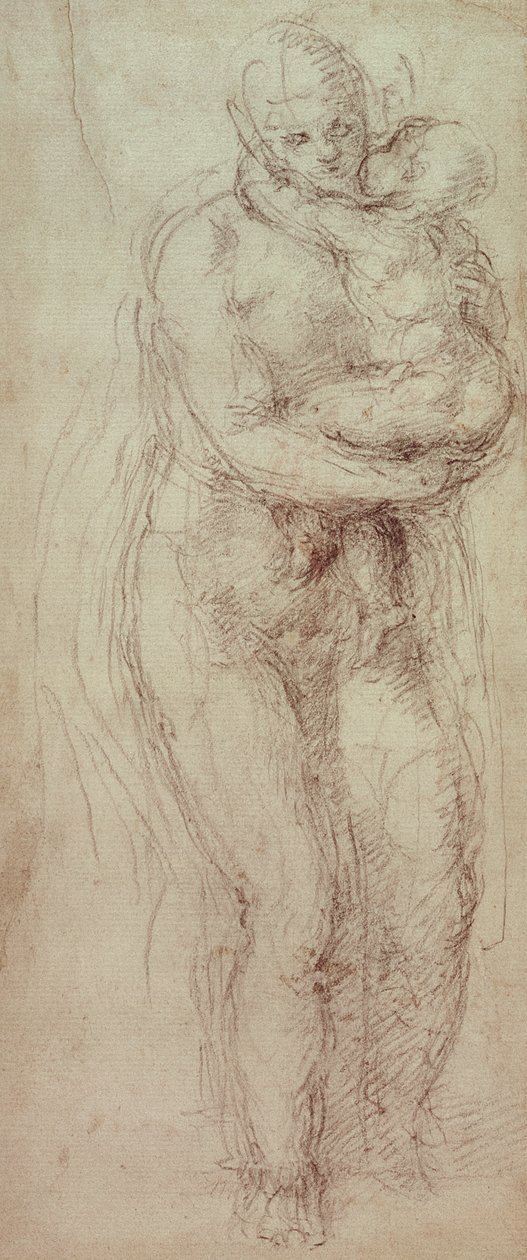 Madonna z Dzieciątkiem (czarna kreda na papierze) autorstwa Michelangelo Buonarroti