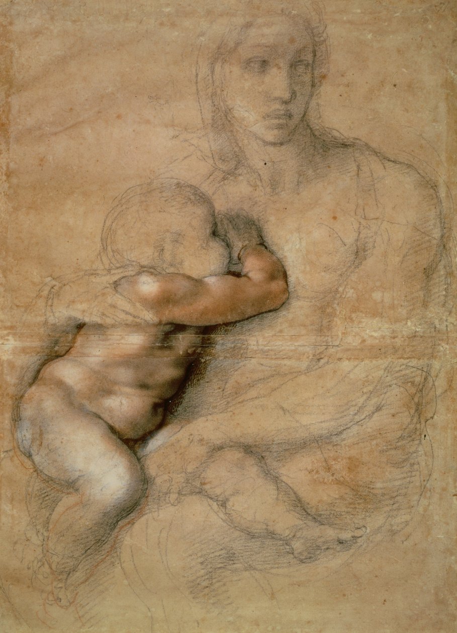 Madonna z Dzieciątkiem, ok. 1525 (ołówek i czerwona kreda na papierze) autorstwa Michelangelo Buonarroti
