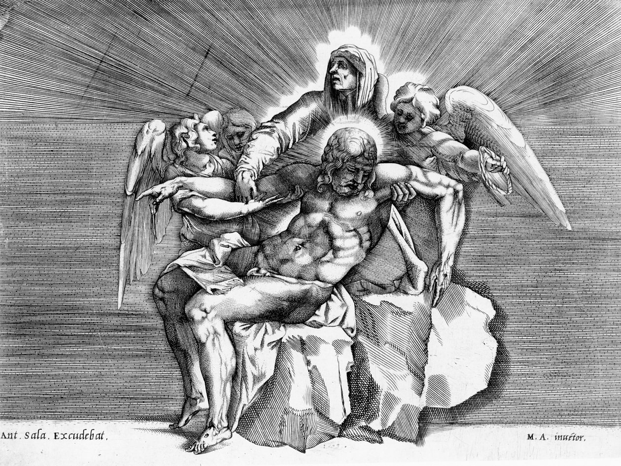 Pieta, grawerowane przez Giulio Sanuto autorstwa Michelangelo Buonarroti
