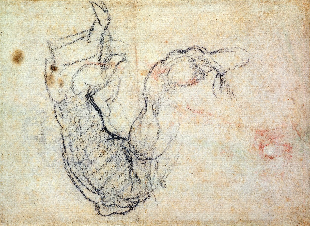 Studium przygotowawcze do ramienia Chrystusa w Sądzie Ostatecznym, 1535-41 (czarna kreda na papierze) (prosto) autorstwa Michelangelo Buonarroti