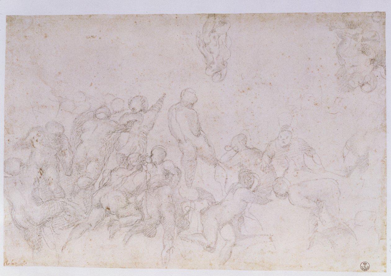 Szkic przygotowawczy do „Bitwy pod Cascina” i dwa dodatkowe szkice (węgiel na papierze) (patrz również 18057 i 49880) autorstwa Michelangelo Buonarroti