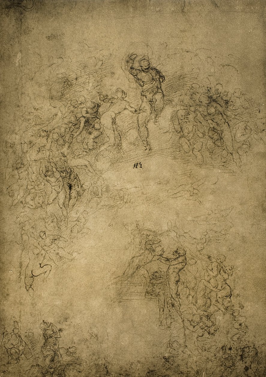 Szkic przygotowawczy do Sądu Ostatecznego w Kaplicy Sykstyńskiej; rysunek Michała Anioła. Casa Buonarroti, Florencja autorstwa Michelangelo Buonarroti