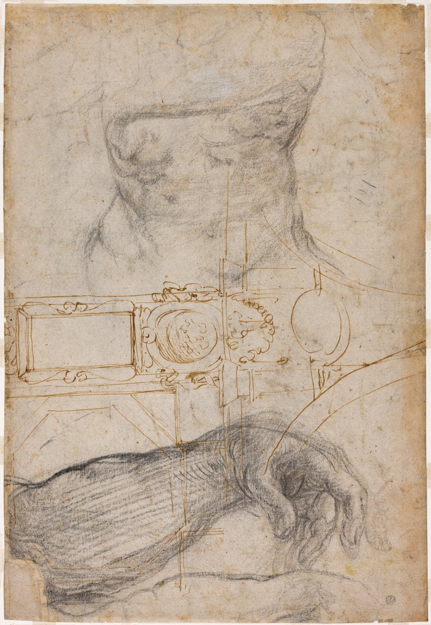 Schemat dekoracji stropu Kaplicy Sykstyńskiej, ok. 1508 (długopis i brązowy tusz oraz czarna kreda na kremowym papierze) autorstwa Michelangelo Buonarroti