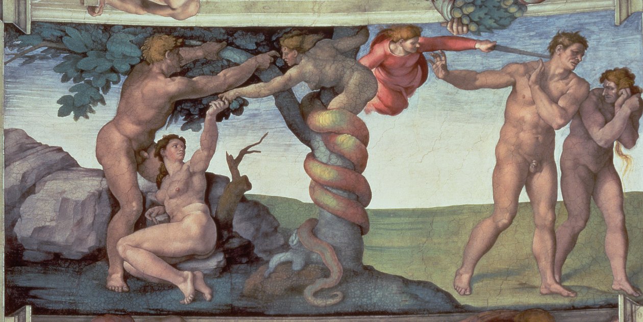 Sufit Kaplicy Sykstyńskiej (1508-12): Upadek człowieka, 1510 (po renowacji) autorstwa Michelangelo Buonarroti