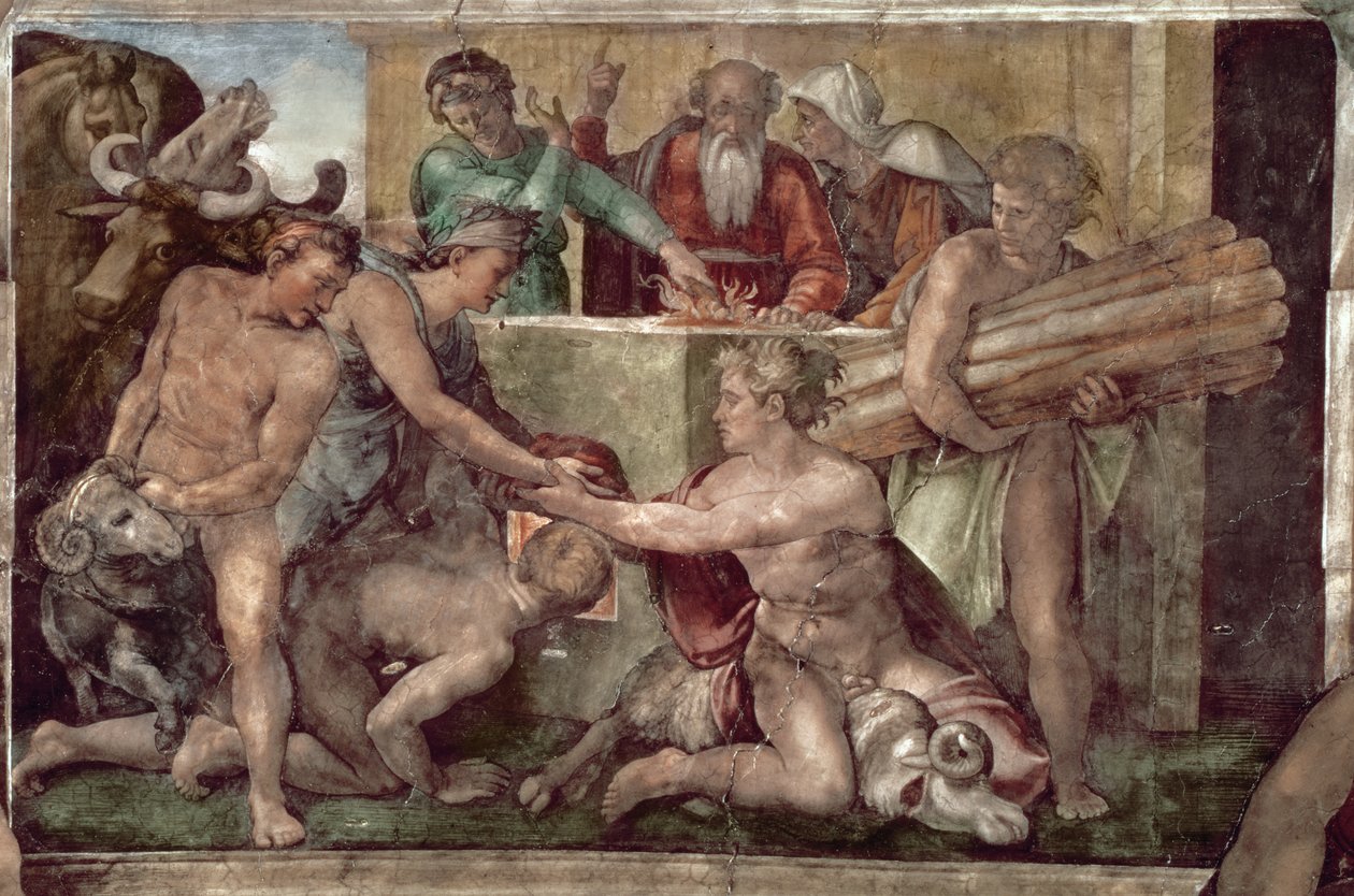 Sufit Kaplicy Sykstyńskiej (1508-12): Ofiara Noego (przed przywróceniem) (zob. także 57568 i 167695) autorstwa Michelangelo Buonarroti