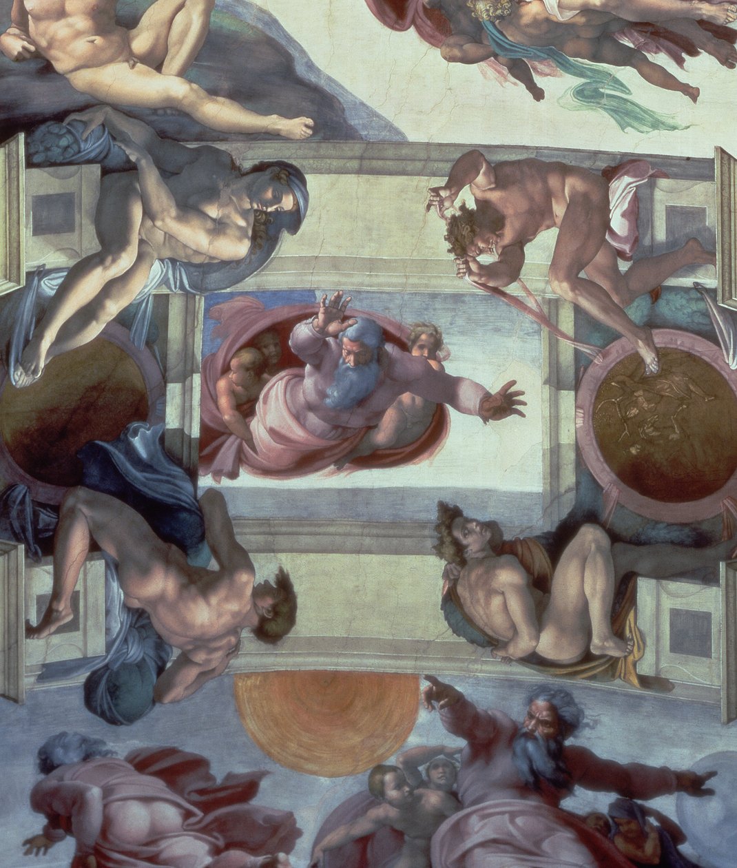 Sufit Kaplicy Sykstyńskiej (1508-12): Oddzielenie wód od ziemi, 1511-12 (po renowacji) autorstwa Michelangelo Buonarroti