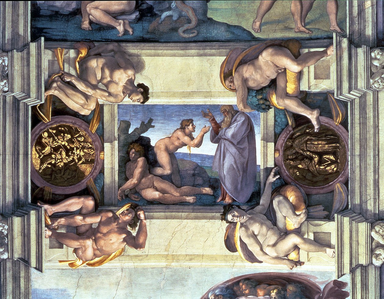 Sufit Kaplicy Sykstyńskiej: Stworzenie Ewy, z czterema Ignudi, 1510 (po renowacji) autorstwa Michelangelo Buonarroti