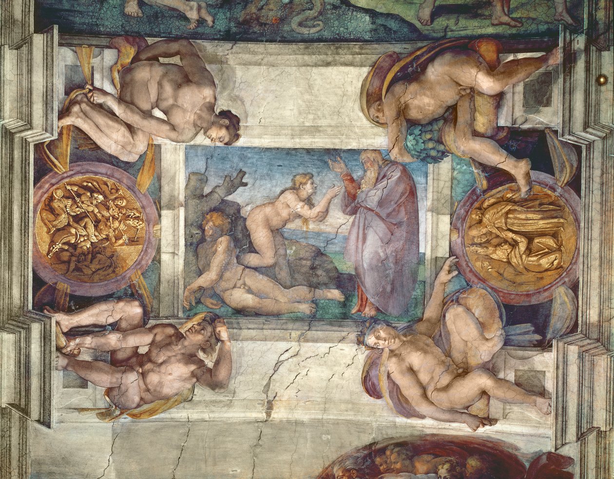Sufit Kaplicy Sykstyńskiej: Stworzenie Ewy, z czterema Ignudi, 1510 (przed renowacją) autorstwa Michelangelo Buonarroti