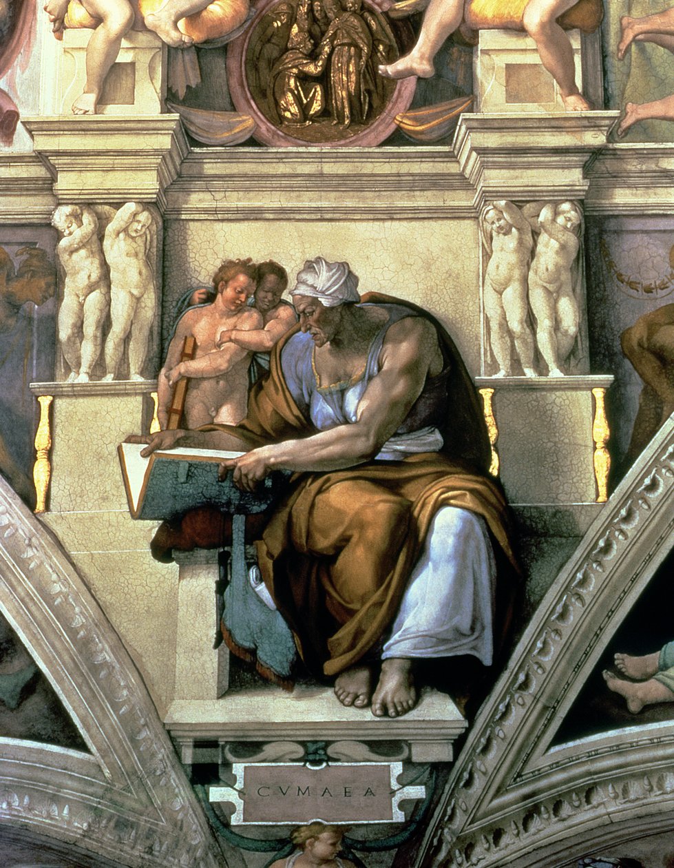 Sufit Kaplicy Sykstyńskiej: Sybilla Kumejska, 1510 (po renowacji) autorstwa Michelangelo Buonarroti